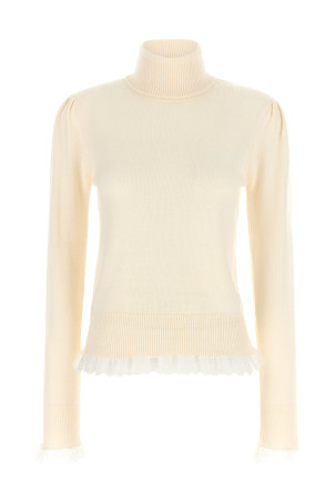 GANNI Turtleneck Sweater with Lace Trim White