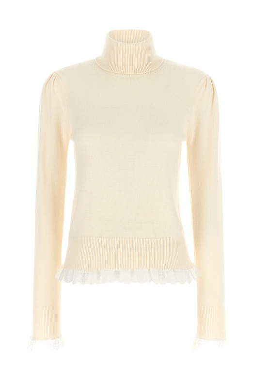 GANNI Turtleneck Sweater with Lace Trim White