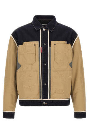 Two-material denim jacket Beige