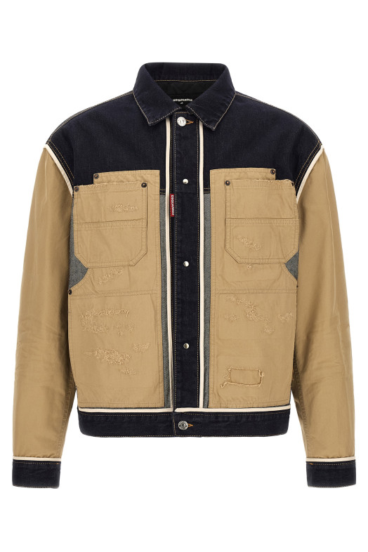 Two-material denim jacket Beige