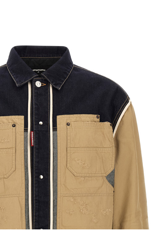 Two-material denim jacket Beige