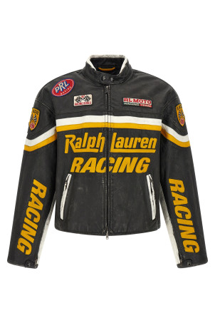 Leather biker jacket with patch Black