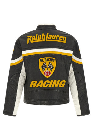 Leather biker jacket with patch Black