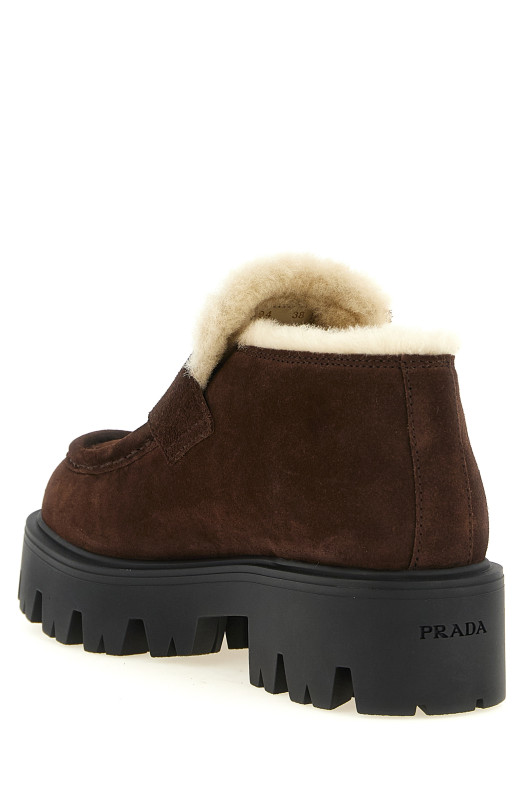 Мокасини з хутром та емалевим логотипом, коричневі PRADA 1D594OFZF50054F0003