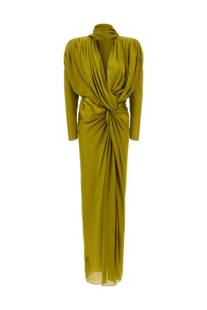 Draped silk dress with knot Green