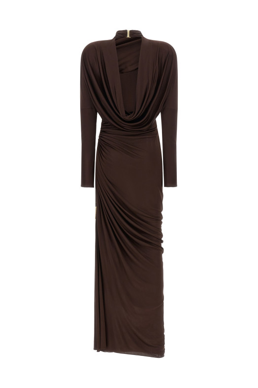 Платье из джерси с драпировкой, коричневое BALMAIN DR0000000082A51