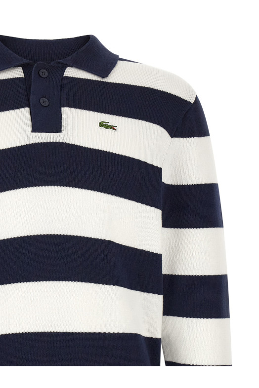 Полосатый пуловер с воротником-поло, белого цвета LACOSTE AH0488HHW