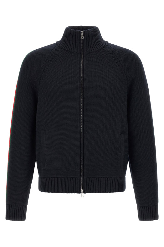 Вязаная куртка Gucci Web Ribbon, синего цвета 851725XKFBD4795