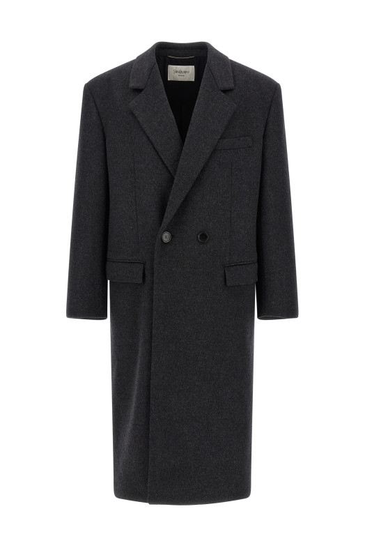 Двустороннее пальто из чесаной шерсти, серого цвета SAINT LAURENT 873406Y1O111140