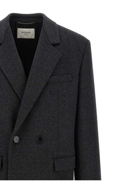 Двустороннее пальто из чесаной шерсти, серого цвета SAINT LAURENT 873406Y1O111140