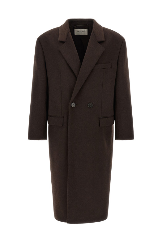 Двустороннее пальто из чесаной шерсти, коричневого цвета SAINT LAURENT 873406Y1O112023