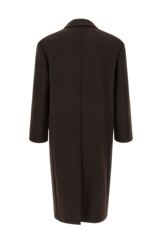 Двустороннее пальто из чесаной шерсти, коричневого цвета SAINT LAURENT 873406Y1O112023