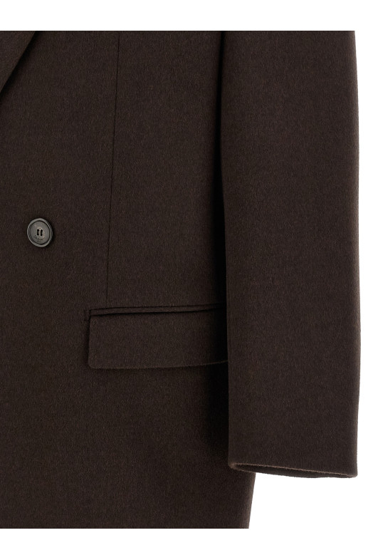 Двустороннее пальто из чесаной шерсти, коричневого цвета SAINT LAURENT 873406Y1O112023