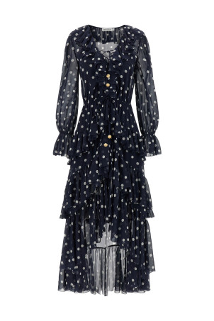 Платье «Polka Dot Georgette Ruffle Maxi» синего цвета PF26116XBNNAVY
