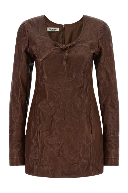 Винтажное кожаное платье коричневого цвета MIU MIU MPB375SOOO19E6F0201