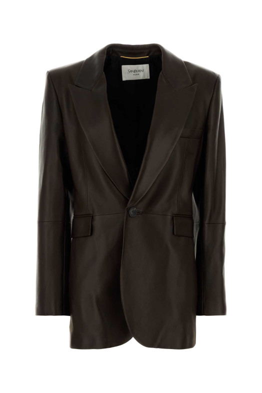 Шоколадно-коричневый кожаный блейзер SAINT LAURENT (A007L2Y5OA2)