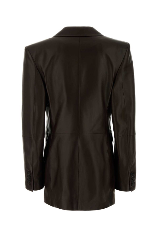 Шоколадно-коричневый кожаный блейзер SAINT LAURENT (A007L2Y5OA2)