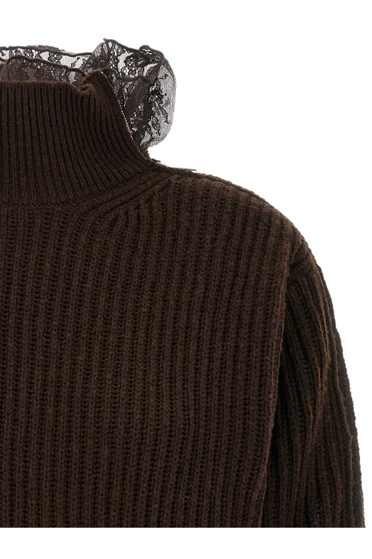Ribbed Lace Sweater Brown