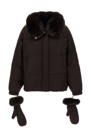 Flannel down jacket with mittens Brown