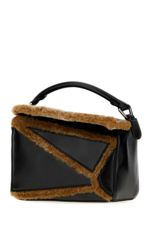 Небольшая сумочка «Puzzle» из двухцветной кожи и овчины, черная, LOEWE (A510S21XEE)