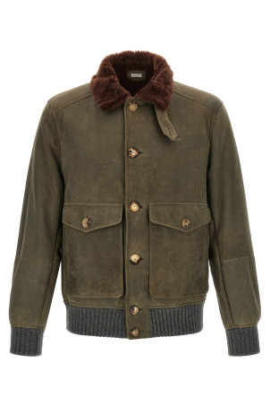 Waxed shearling bomber jacket Green