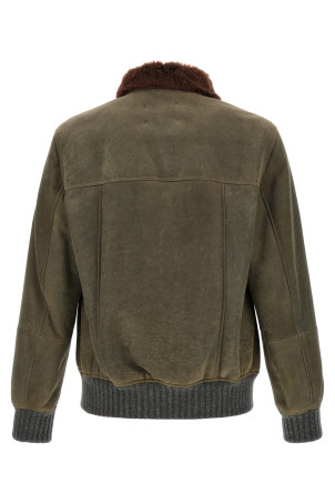 Waxed shearling bomber jacket Green