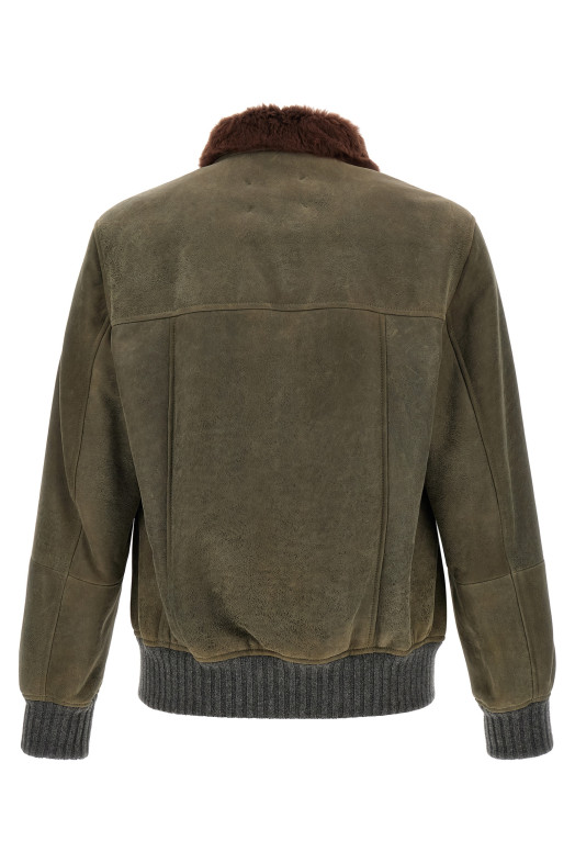 Бомбер из вощеной овчины, зелёный BRUNELLO CUCINELLI MPMWT1952CMD40