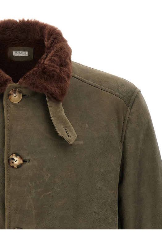 Бомбер из вощеной овчины, зелёный BRUNELLO CUCINELLI MPMWT1952CMD40