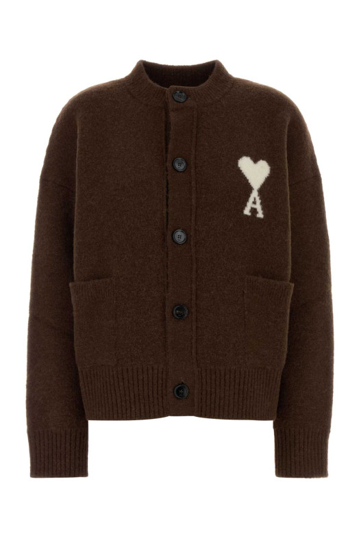 Коричневый эластичный кардиган из смеси альпаки AMI (UKC366KN0135) AMI PARIS
