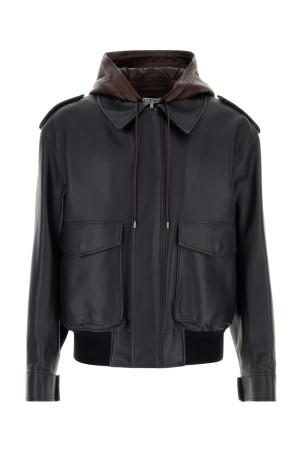 Темно-синяя кожаная куртка Black LOEWE (H526Y34LBR)