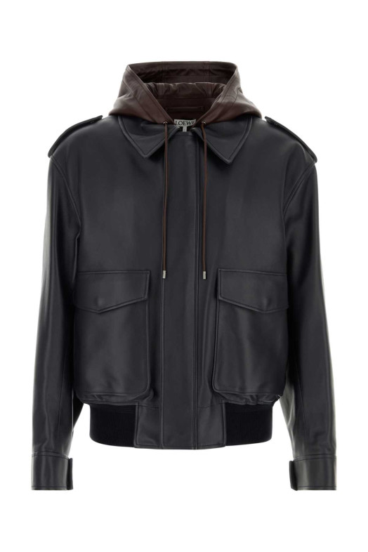 Темно-синяя кожаная куртка Black LOEWE (H526Y34LBR)