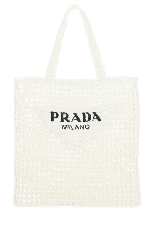 Белая сумка для покупок из рафии, черная, PRADA (1BG3932A2T)