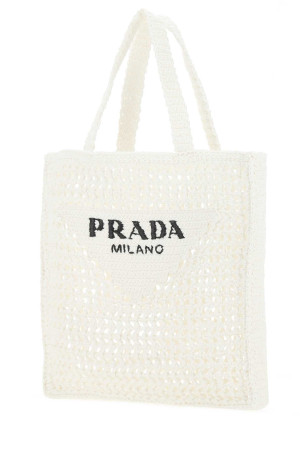Белая сумка для покупок из рафии, черная, PRADA (1BG3932A2T)