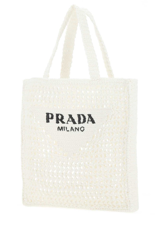Белая сумка для покупок из рафии, черная, PRADA (1BG3932A2T)