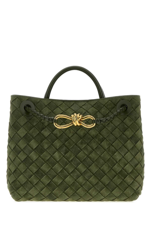 Маленькая замшевая сумочка Andiamo от BOTTEGA VENETA бутылочно-зеленого цвета (766014V5ZZ1)