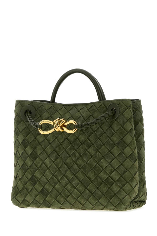 Маленькая замшевая сумочка Andiamo от BOTTEGA VENETA бутылочно-зеленого цвета (766014V5ZZ1)