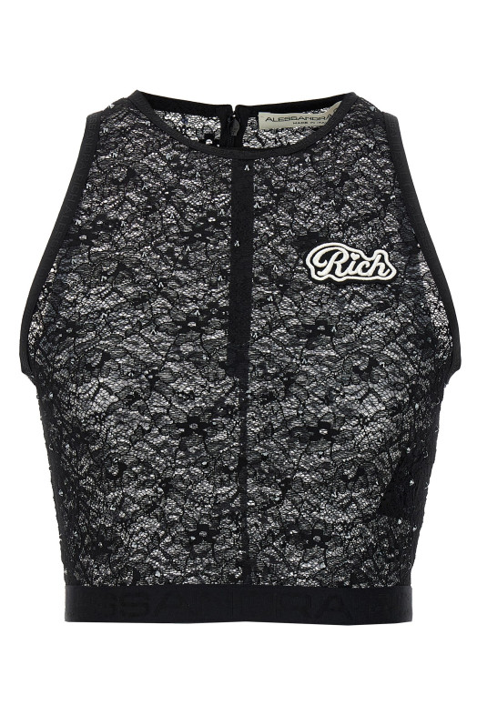 Блузка с кружевом из стразов, черная ALESSANDRA RICH (FABX3603P42060900) Блузка с кружевом из стразов, черная ALESSANDRA RICH (FABX3603P42060900)