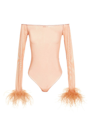 Feather transparent mesh bodysuit Pink