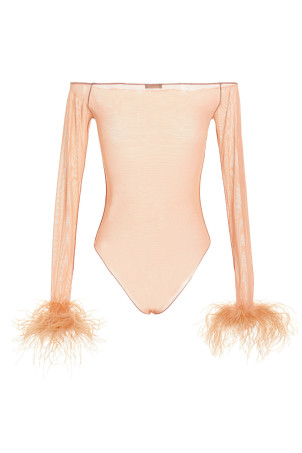 Feather transparent mesh bodysuit Pink