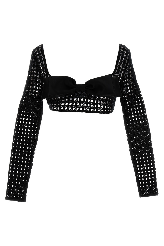 Cropped macramé bow top Black