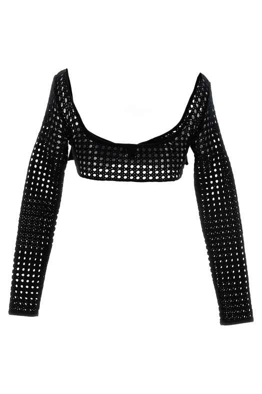 Cropped macramé bow top Black