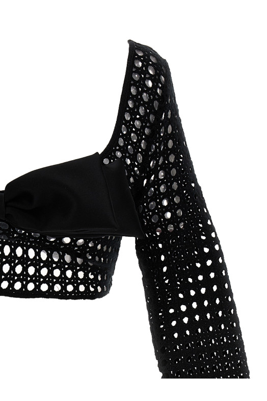 Cropped macramé bow top Black