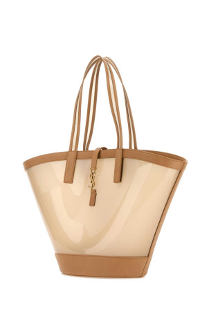 Двухцветная виниловая и кожаная сумка Panier для покупок, коричневая SAINT LAURENT (773697FAC0F) Двухцветная виниловая и кожаная сумка Panier для покупок, коричневая SAINT LAURENT (773697FAC0F)