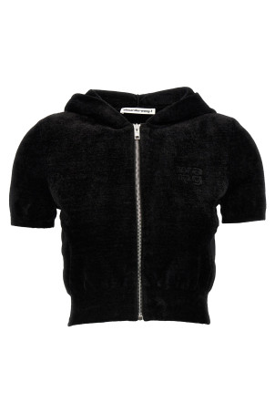 Короткая толстовка с капюшоном и логотипом из синельной нити, черная T BY ALEXANDER WANG (4KC4243003001) Короткая толстовка с капюшоном и логотипом из синельной нити, черная T BY ALEXANDER WANG (4KC4243003001)