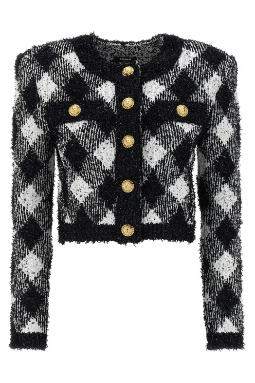 Коротка куртка з твіду Vichy Чорно-сіра BALMAIN (DF0SK248KH66EAB) Коротка куртка з твіду Vichy Чорно-сіра BALMAIN (DF0SK248KH66EAB)